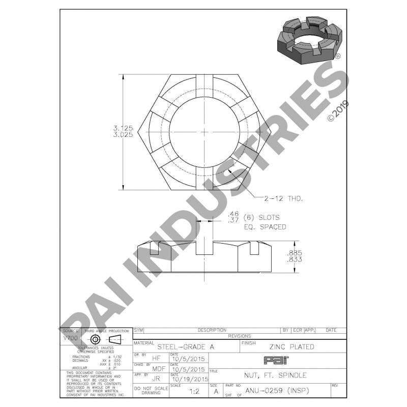 PAI ANU-0259 MACK 21AX835 SPINDLE NUT (2.00"-12) (SLOTTED) (21AX909X)