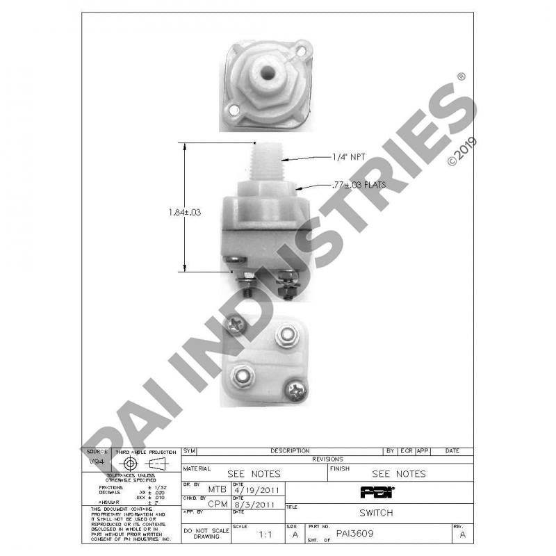 PAI LST-3609 MACK 745-228600 STOP LIGHT SWITCH (5 PSIG) (NORMALLY OPEN) (USA)